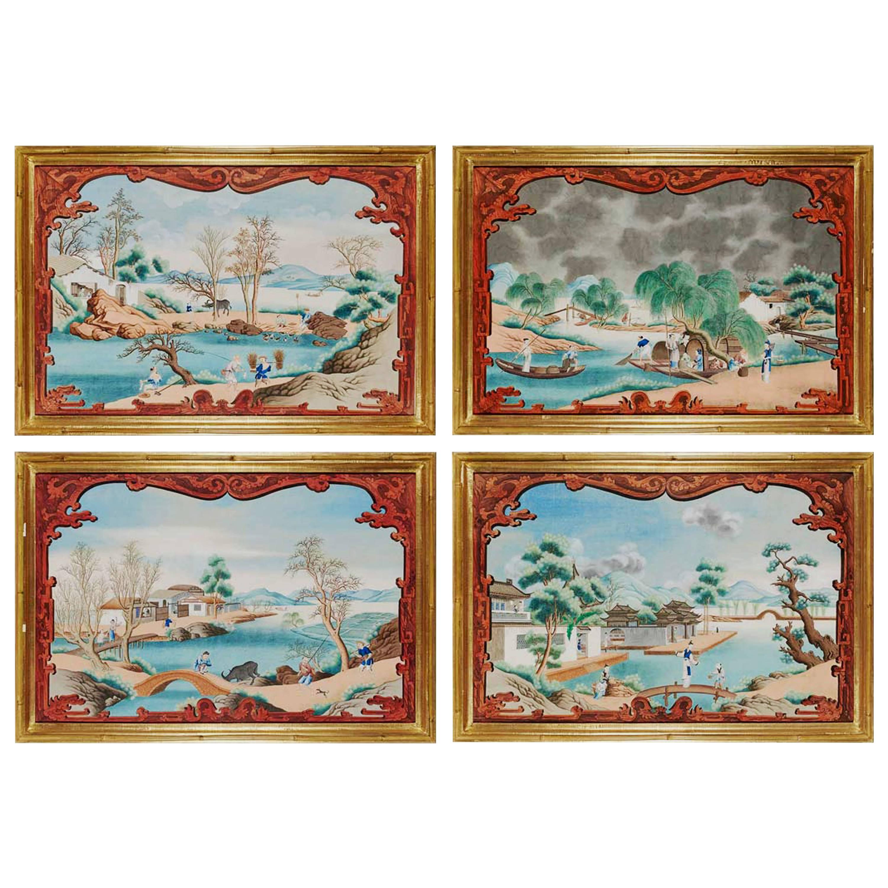 Set of Four Large China Trade Gouaches of Chinese Landscapes