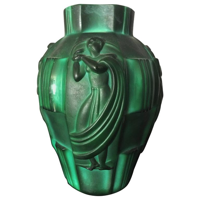 Vintage Bohemian Czech Malachite Art Deco Glass Perfume Bottle Flask With Nudes