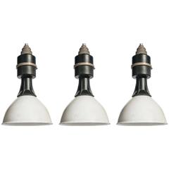 Set of Three Industrial Black and White Pendant Lights