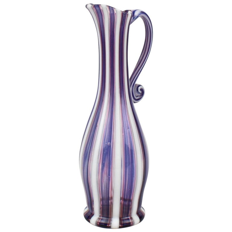 or Murano "a Canne" Blue, White, and Pink Italian Glass Ewer