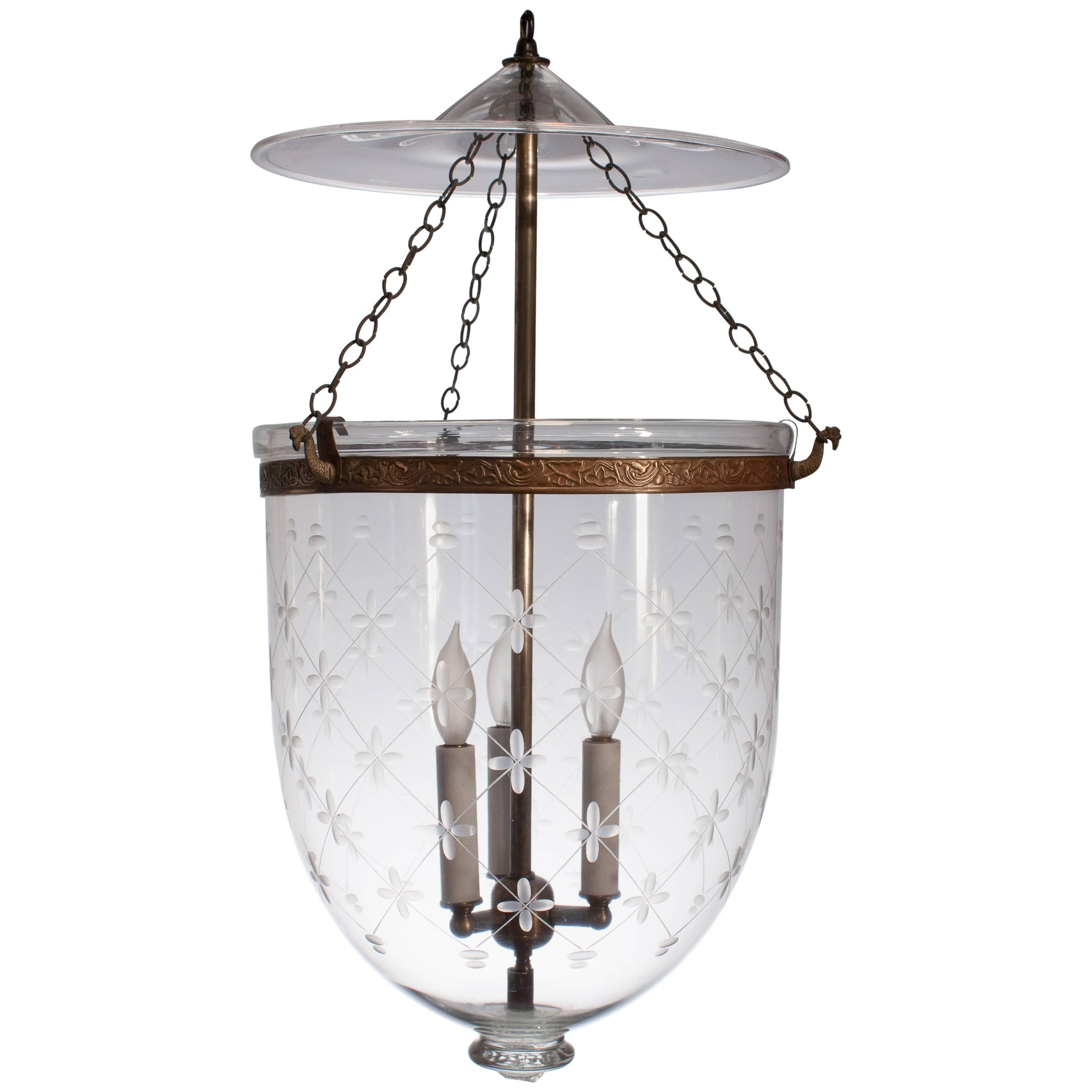 Large English Bell Jar Lantern with "Trellis" Etching
