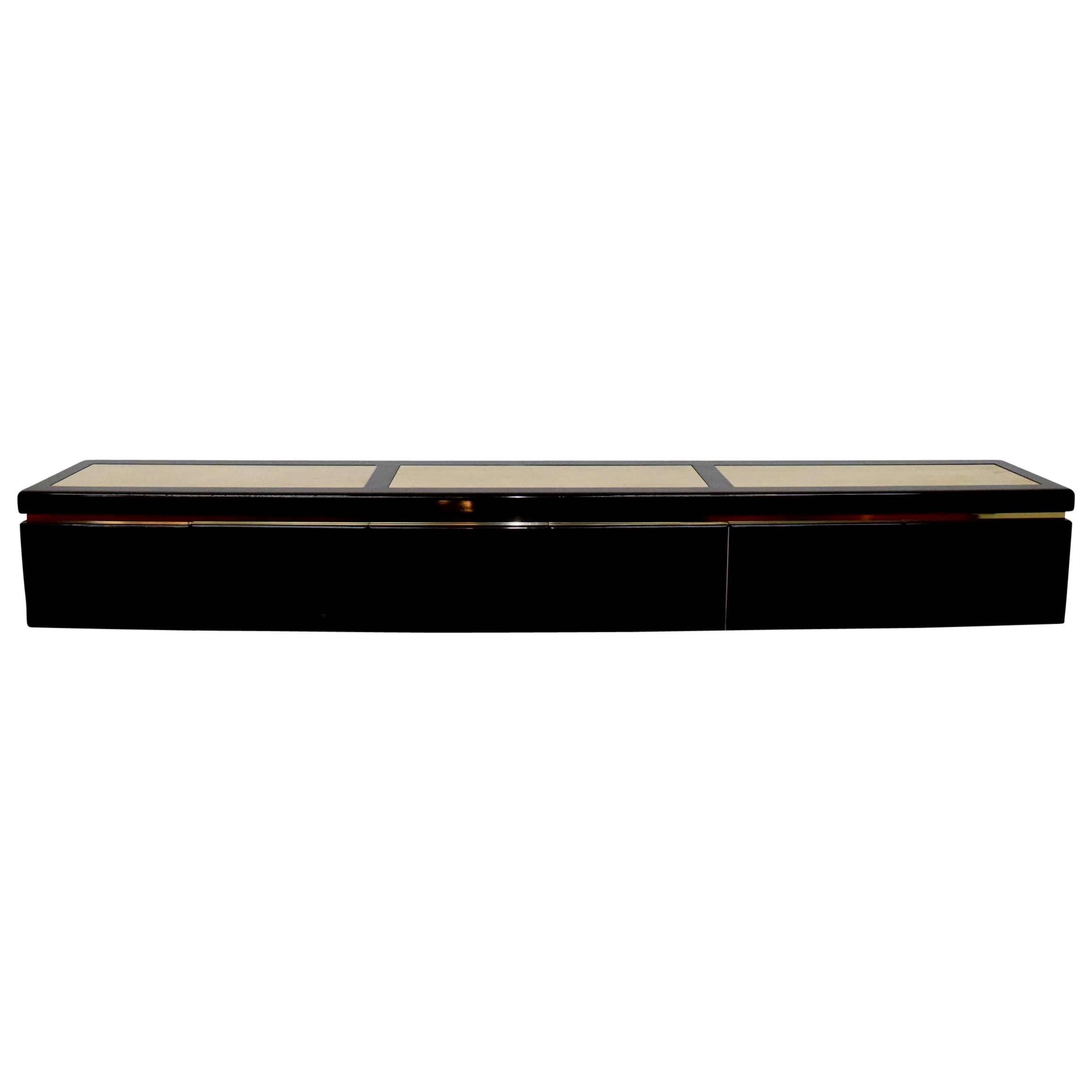 Very Large Custom Wall Hung Console in Black Lacquer and Travertine