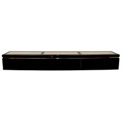 Very Large Custom Wall Hung Console in Black Lacquer and Travertine