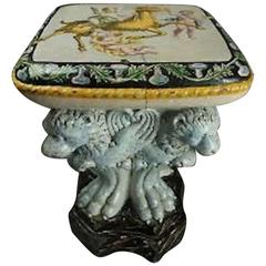 Antique Italian Majolica Painted Pottery Figural Garden Seat w/Lions & Cherubs