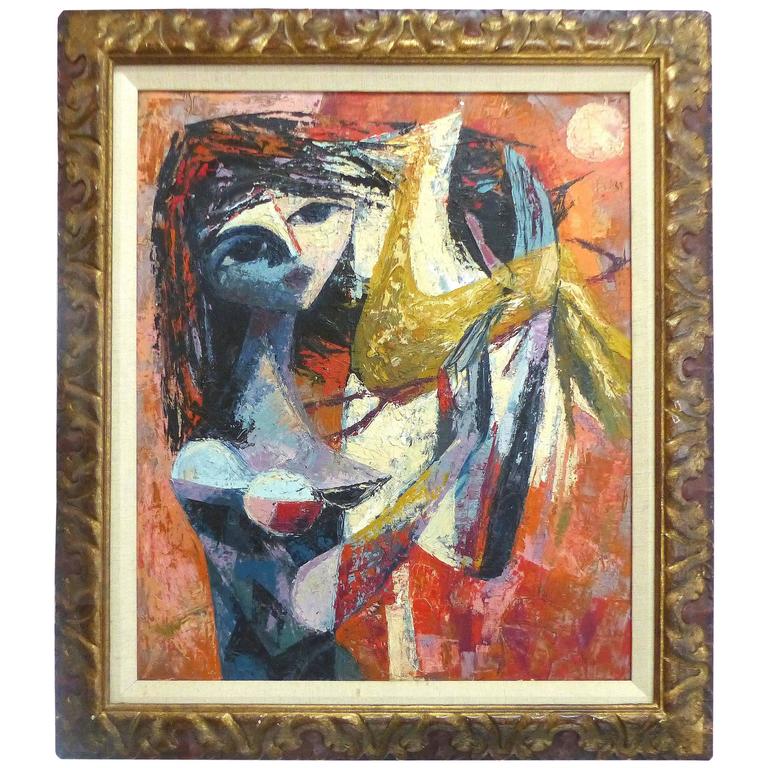 MidCentury Modern French Abstract Bird Lady Painting at