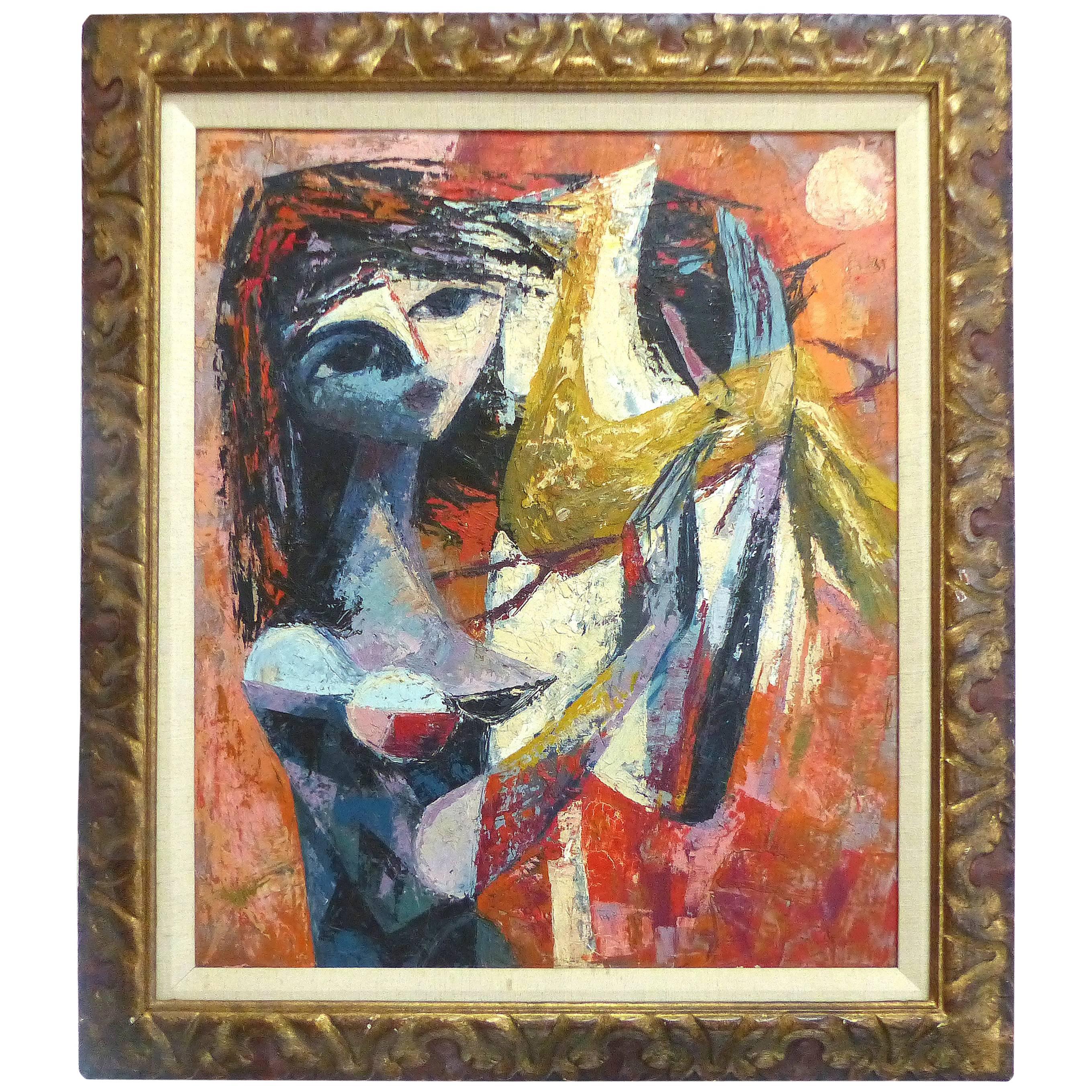 Mid-Century Modern French Abstract Bird Lady Painting