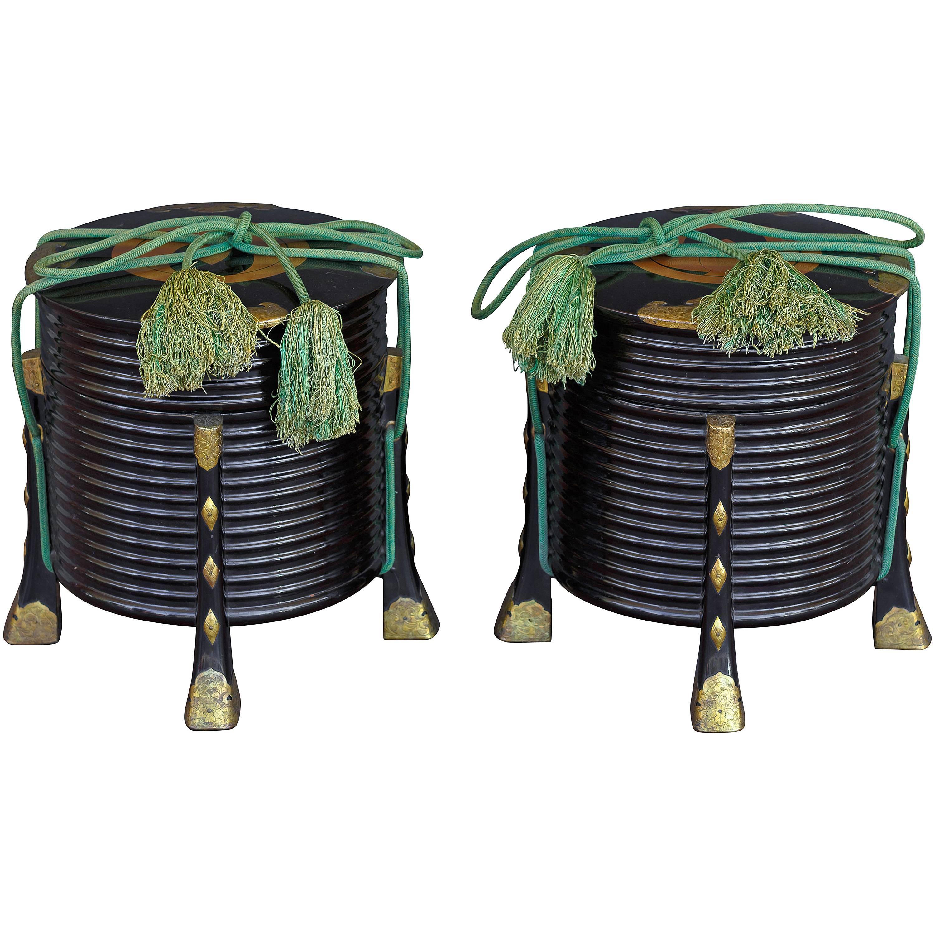 Pair of Japanese Black and Gold Lacquer Round Hokkai, Picnic Boxes