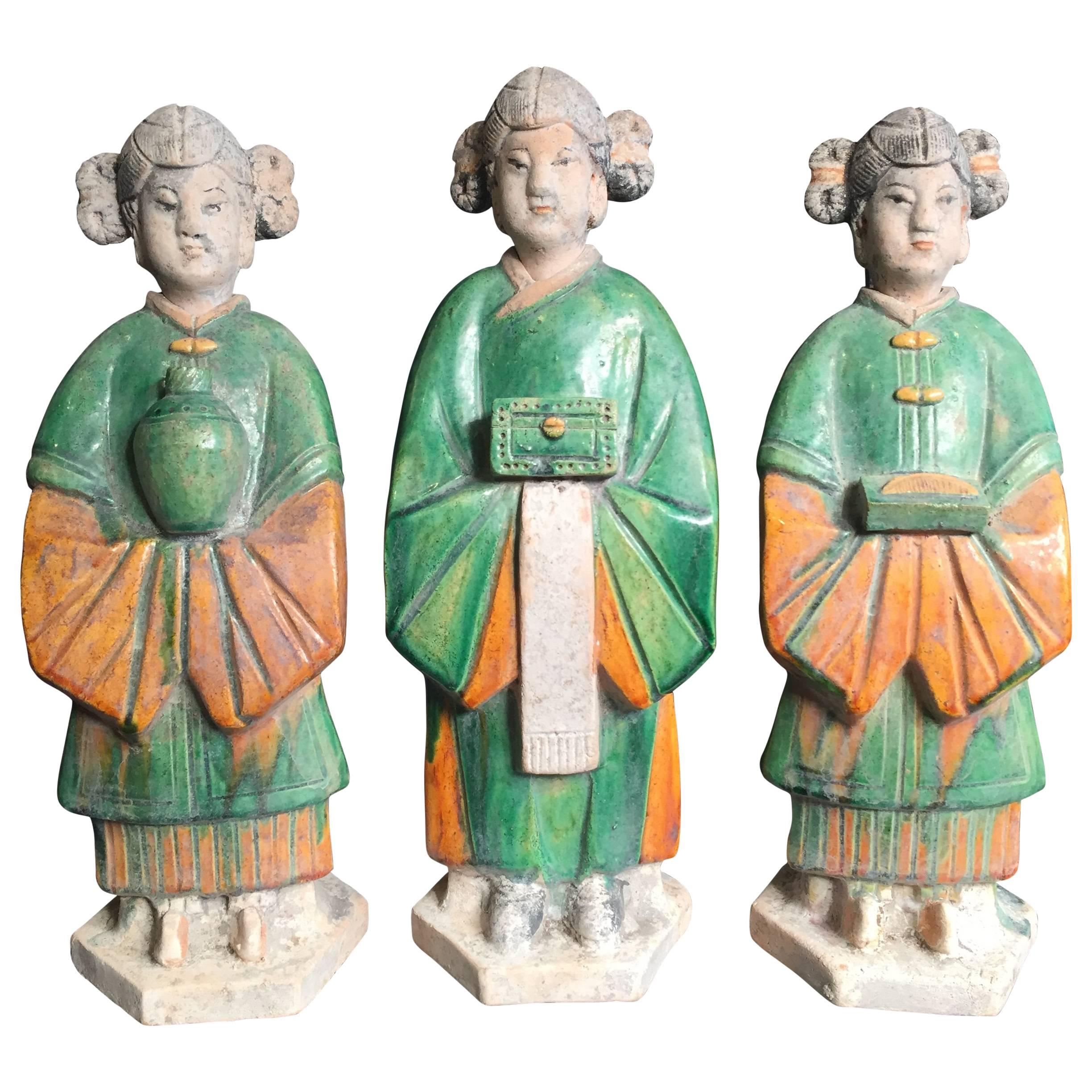 Important Ancient Chinese Trio Women Handmade Hand Glazed, Ming Dynsty 1368-1644