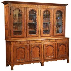Antique 19th Century French Walnut Four-Door Buffet Bookcase with Glass Doors and Inlay