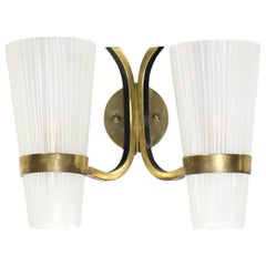 Brass Italian Mid-Century Modern Sconce Striped Satin Glass Cone Shades