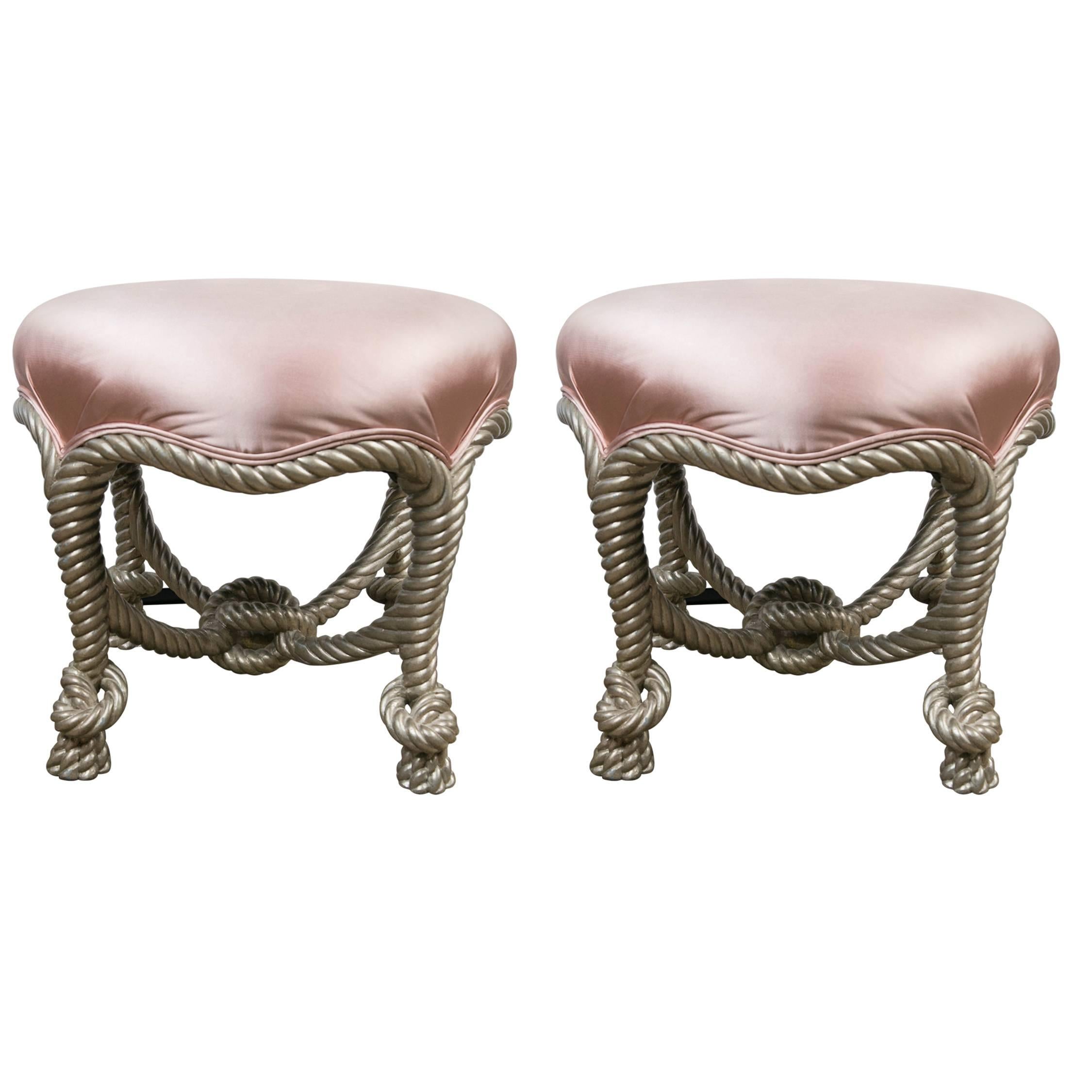 Pair of Fournier Style Silvered Rope Footstools For Sale