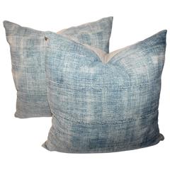 Antique 19th Century Faded Blue Linen Patchwork Pillows, Pair