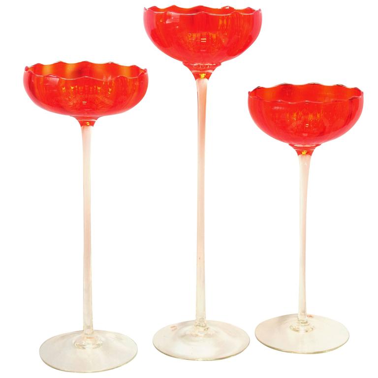 Vibrant Set of Three Murano 1960s Orange Glass Compotes on Clear Glass Stems For Sale