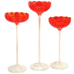 Vibrant Set of Three Murano 1960s Orange Glass Compotes on Clear Glass Stems