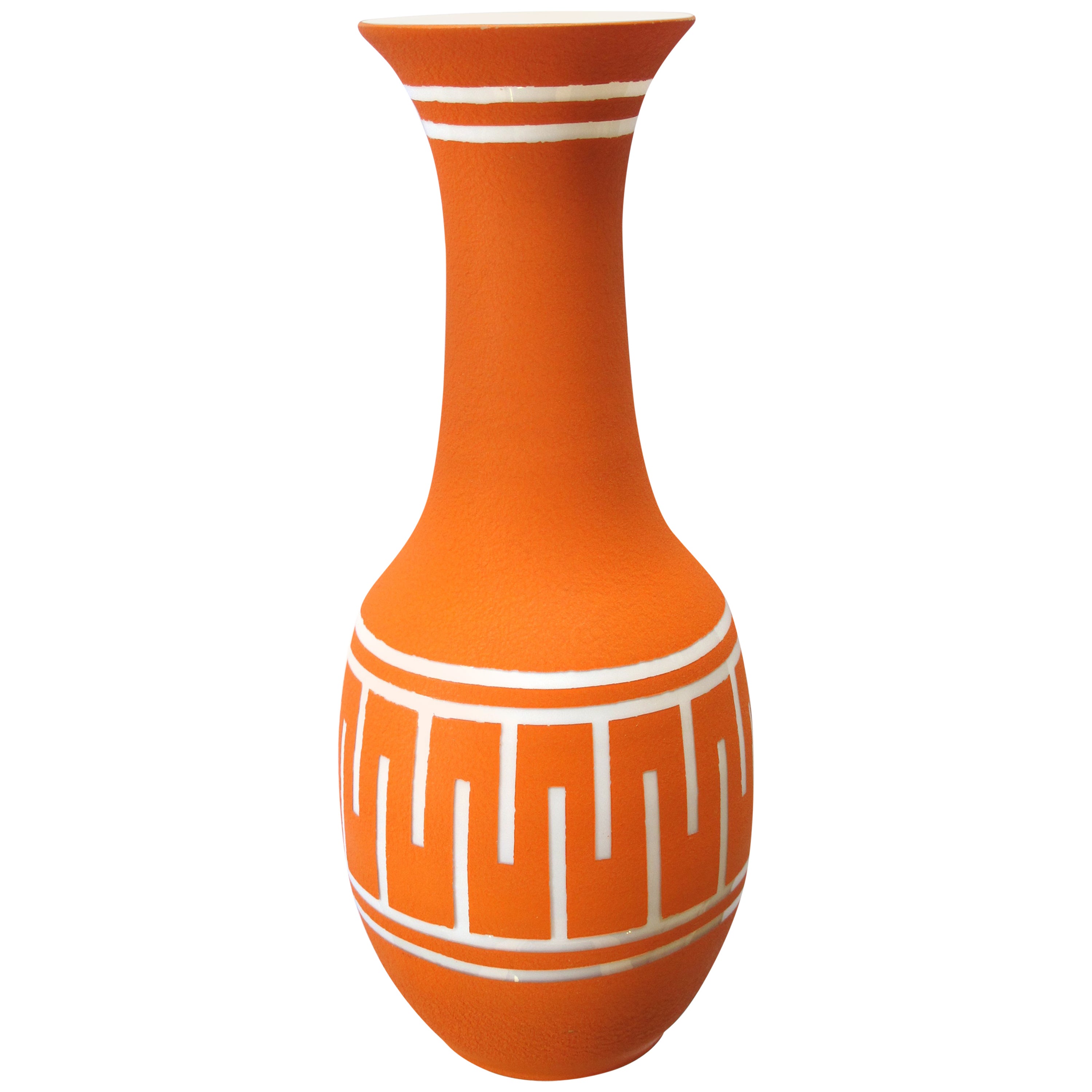 Tall And Striking American 1960s Orange Glazed Vase With White