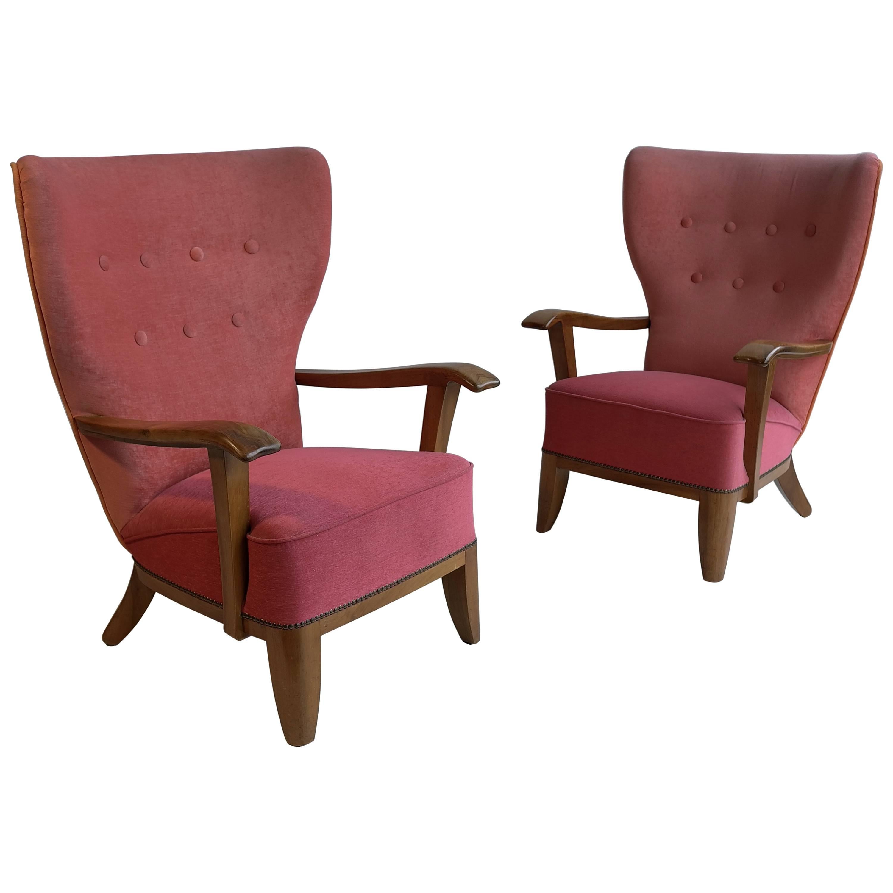 Pair of Three-Tone Wingback Armchairs, France, 1940s