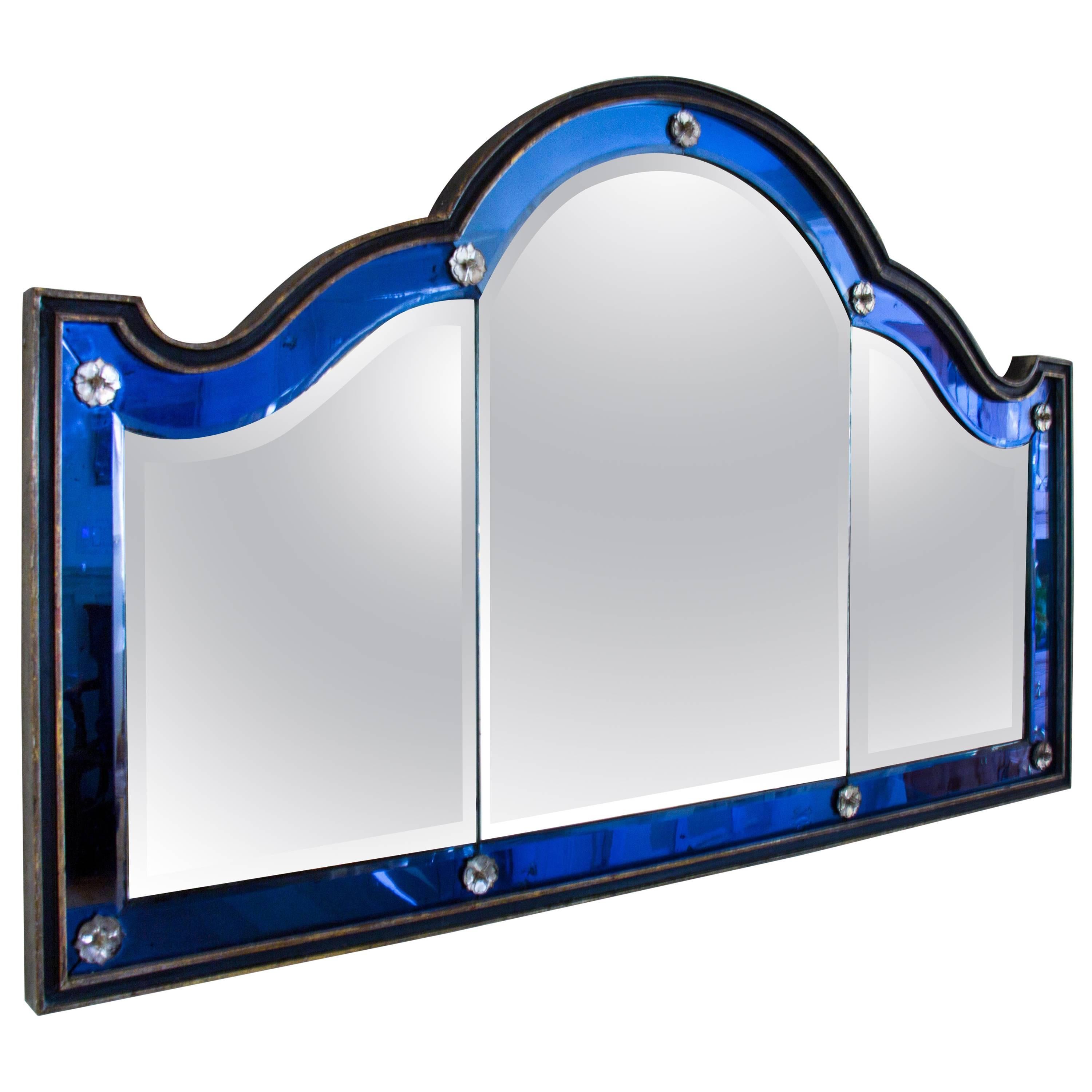 Blue and White Glass Overmantel Mirror For Sale