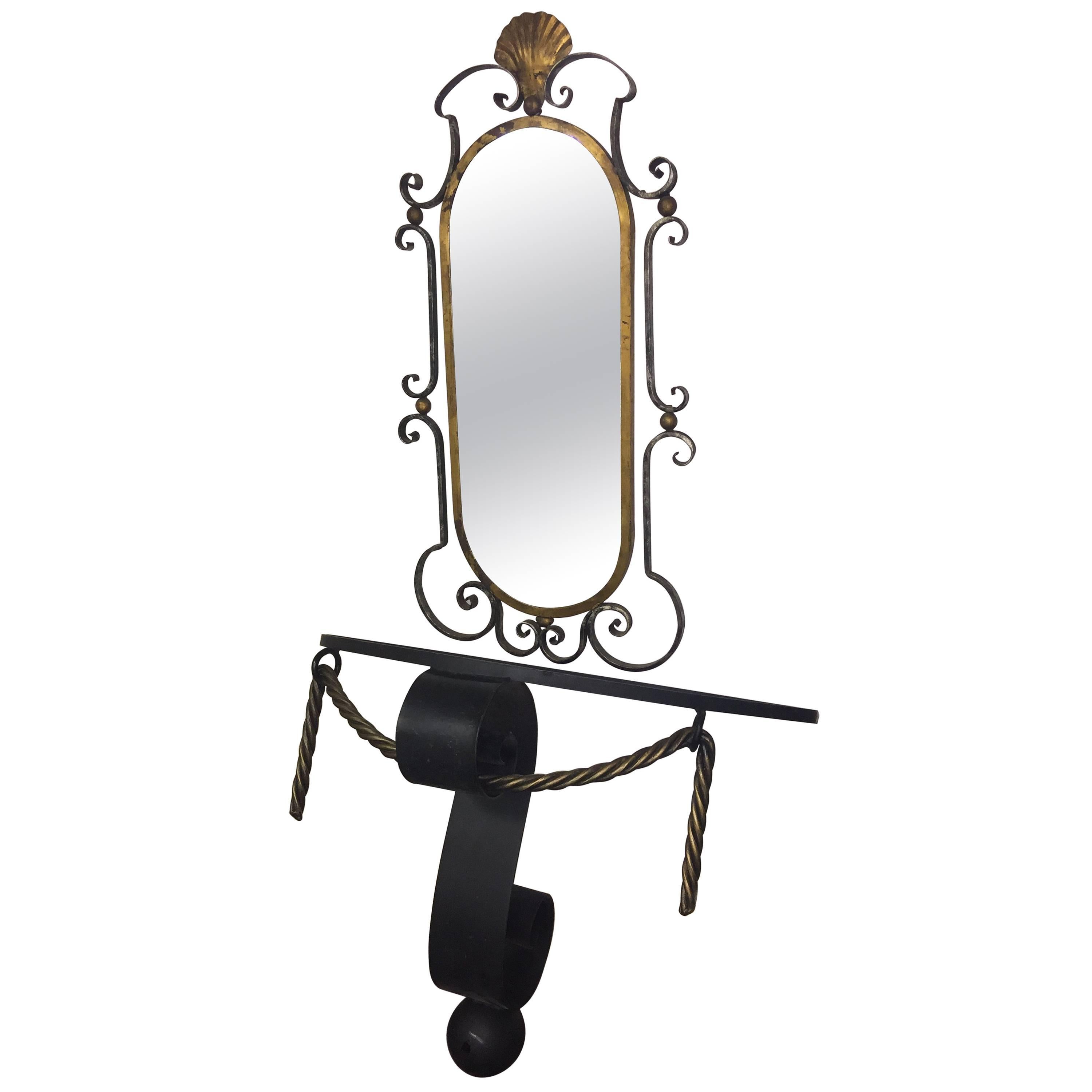 In the Manner of Gilbert Poillerat Black and Gold Iron Mirror and Wall Console For Sale