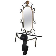 In the Manner of Gilbert Poillerat Black and Gold Iron Mirror and Wall Console