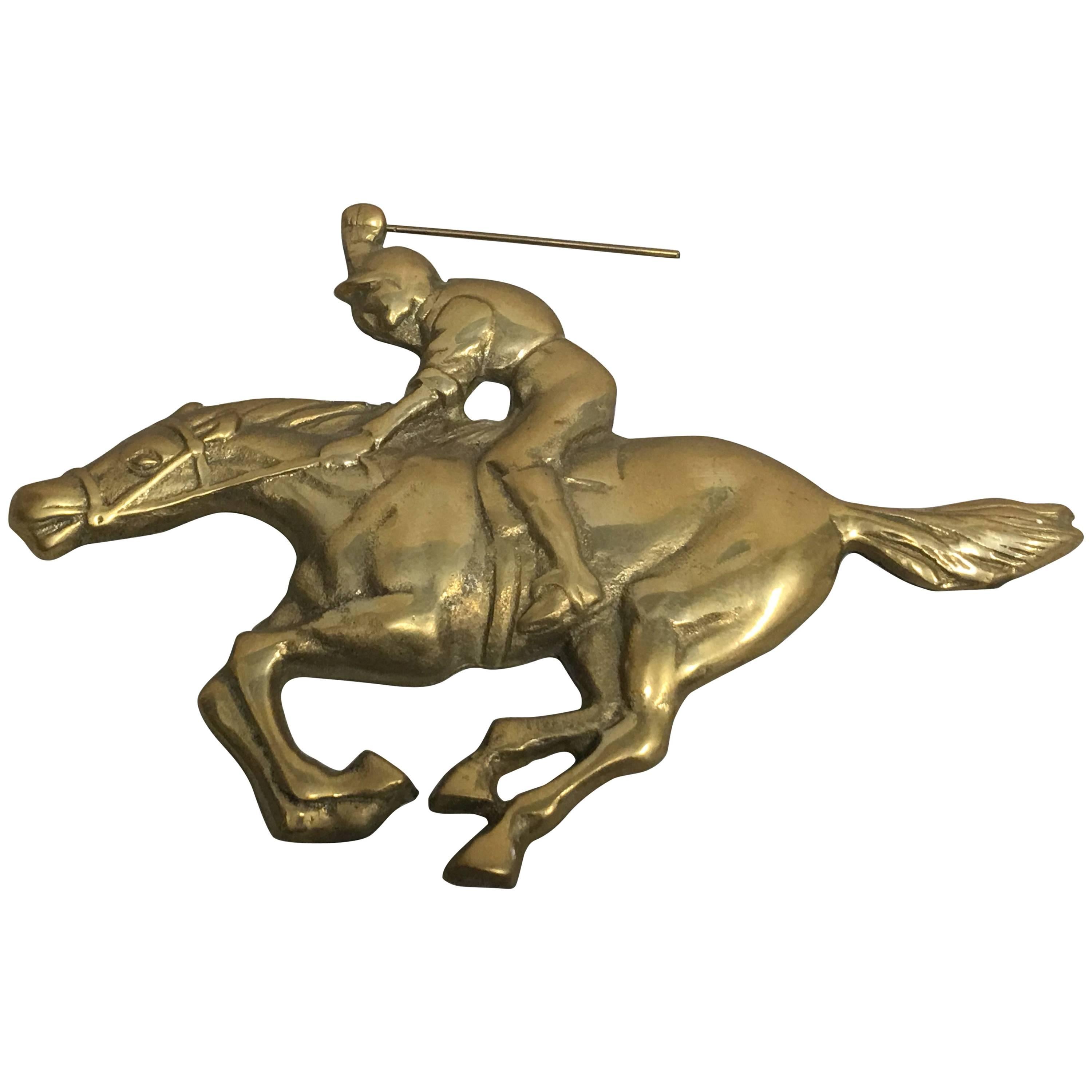 1960s Jockey and Horse Solid Brass Wall Plaque Sculpture