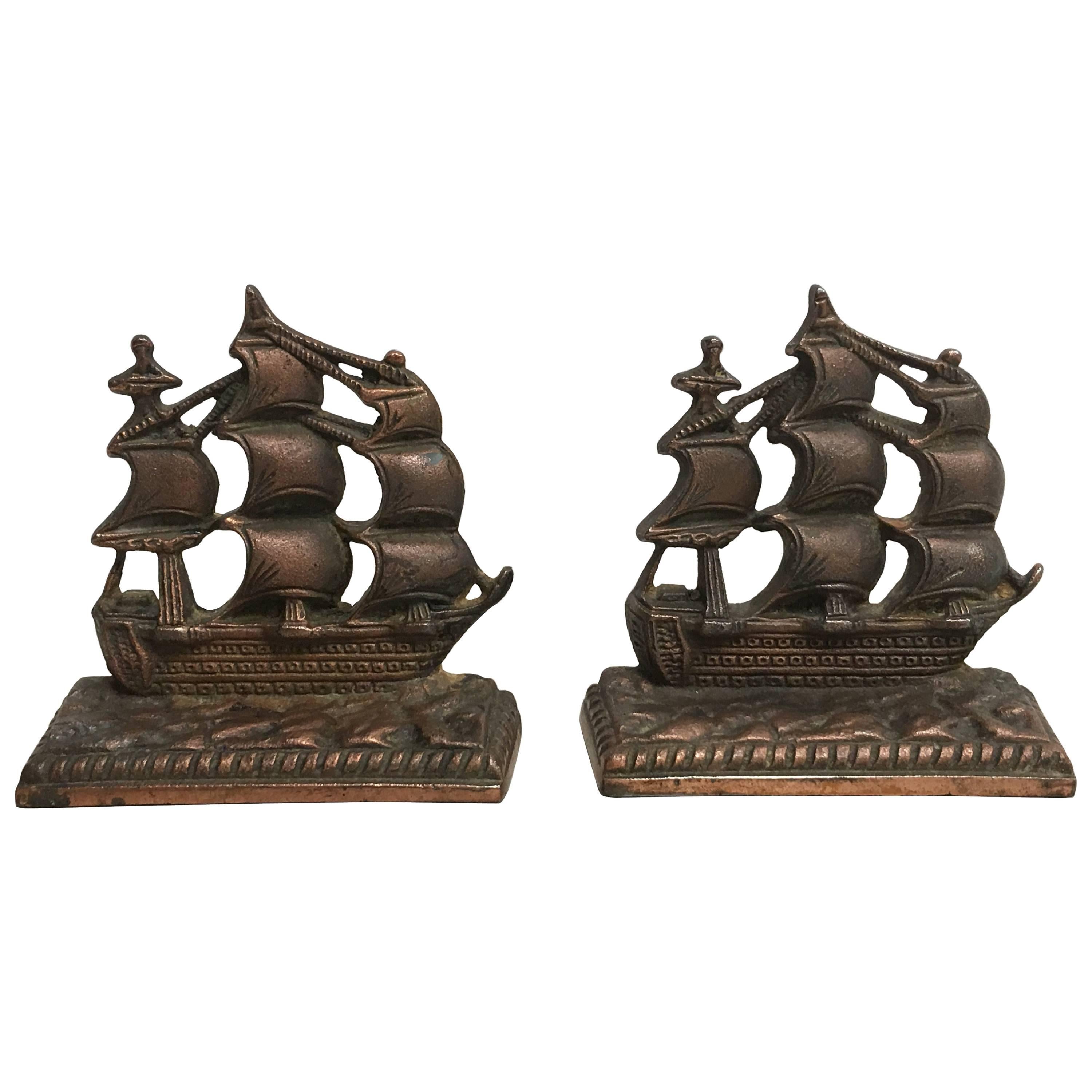 19th Century Bronze Ship Bookends, Pair For Sale