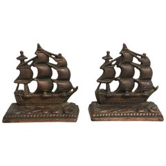 19th Century Bronze Ship Bookends, Pair