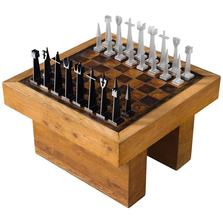Austin Enterprises Aluminum Chess Game and Table in Leather at 1stDibs