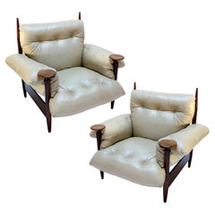 Pair of 1960s Brazilian Jacaranda Armchairs by M. L. Magalhães in Beige Leather