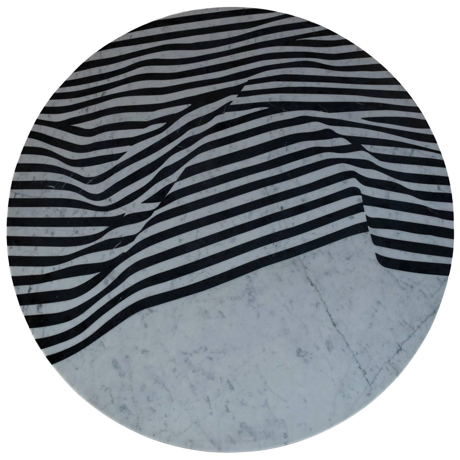 Veiled Round Dining Table, Contemporary Inlaid Black and White Marble For Sale
