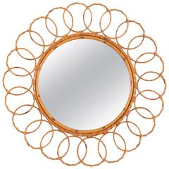 Large 1960s Spanish Bamboo Circular Mirror Framed with Rattan Circles 9