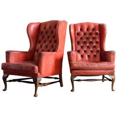 Vintage Red Leather Wingback Armchairs