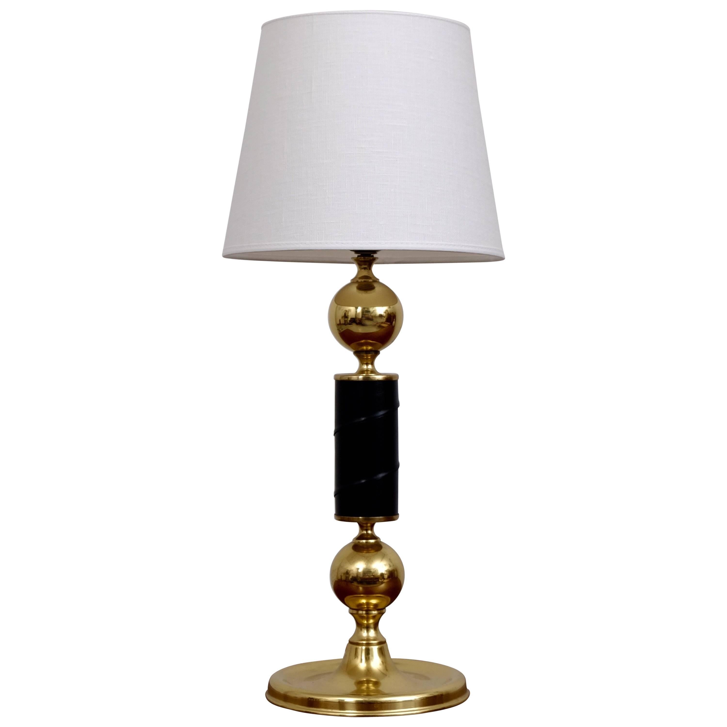 Swedish Brass and Black Leather Table Lamp, 1960s