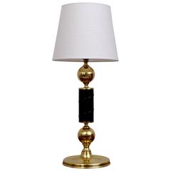 Swedish Brass and Black Leather Table Lamp, 1960s