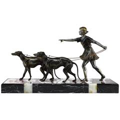 French Art Deco Young Lady and Greyhound Sculpture, 1930