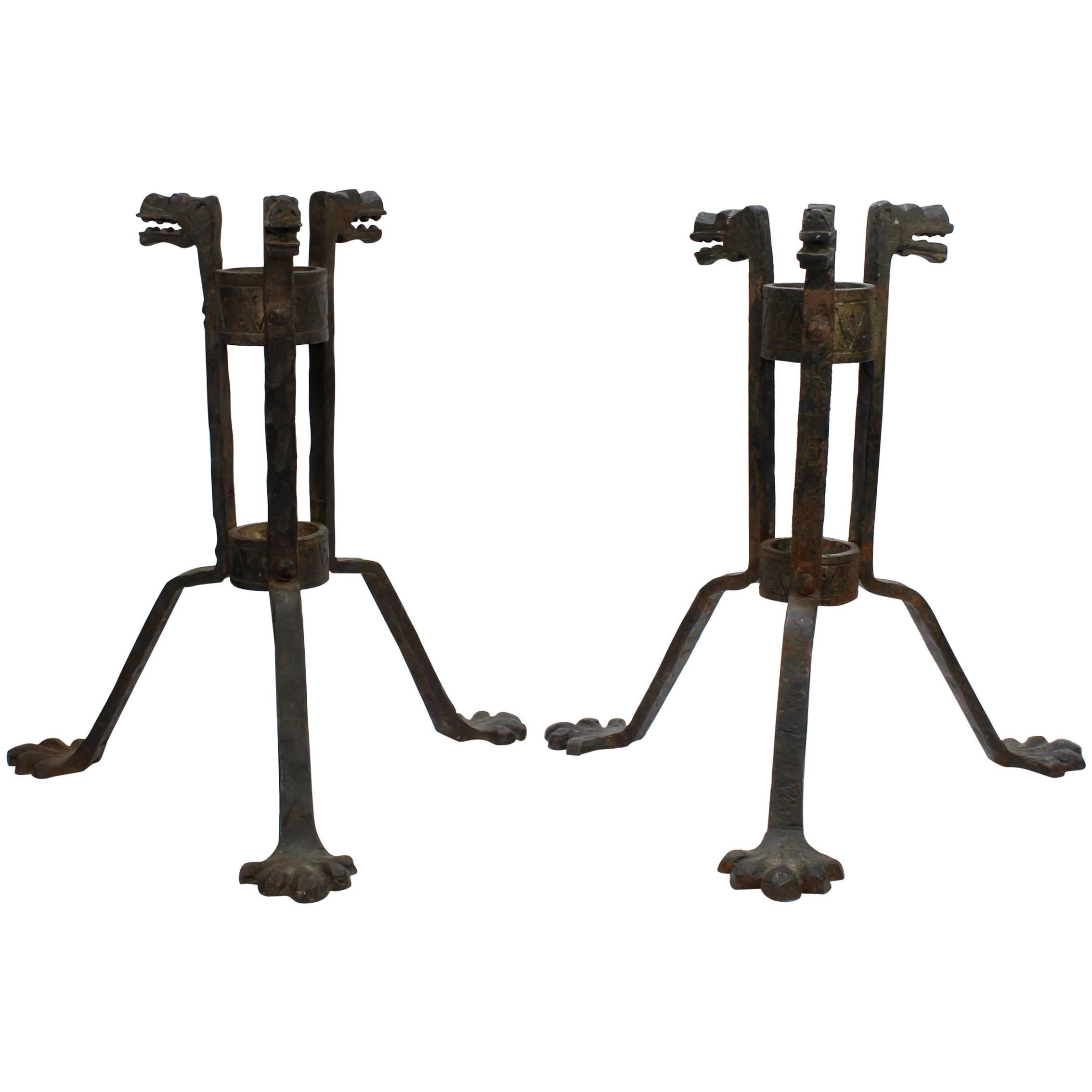Pair of Gothic Revival Samuel Yellin Style Figural Wrought Iron Planter Stands