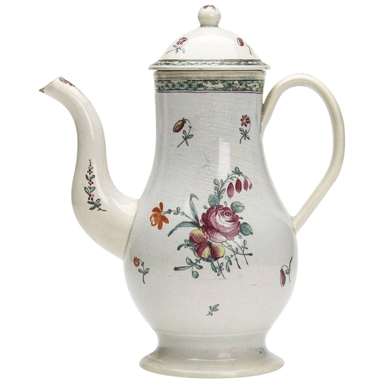 Antike Staffordshire Floral Painted Pearlware Kaffeekanne 18. Jahrhundert im Angebot