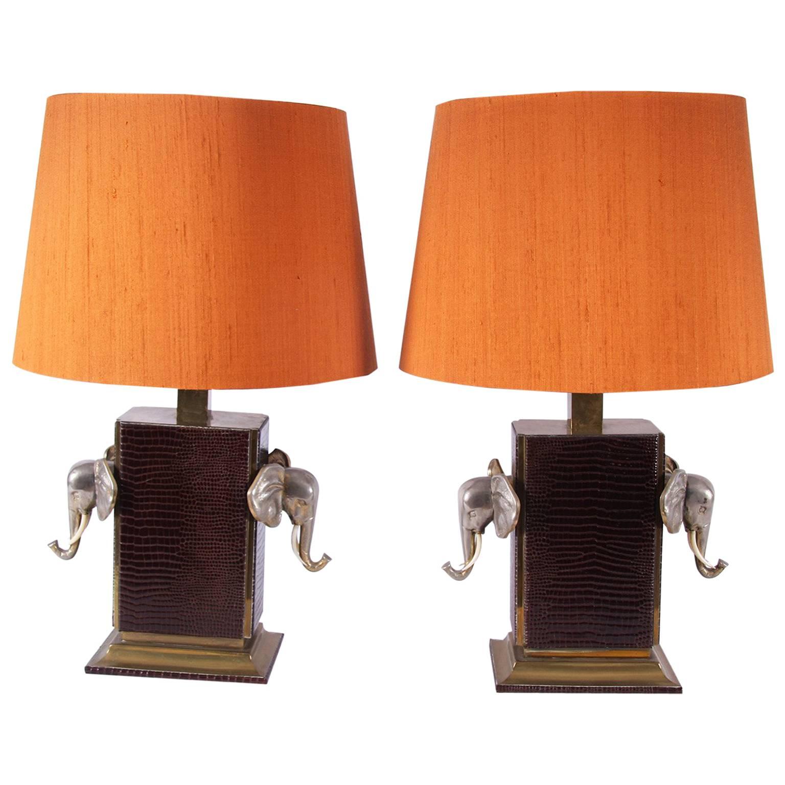 Pair of Table Lamps, Decorated with Elephant Heads, Italian, circa 1970