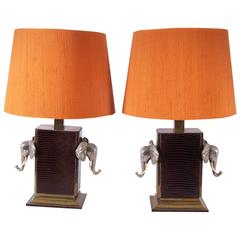Vintage Pair of Table Lamps, Decorated with Elephant Heads, Italian, circa 1970