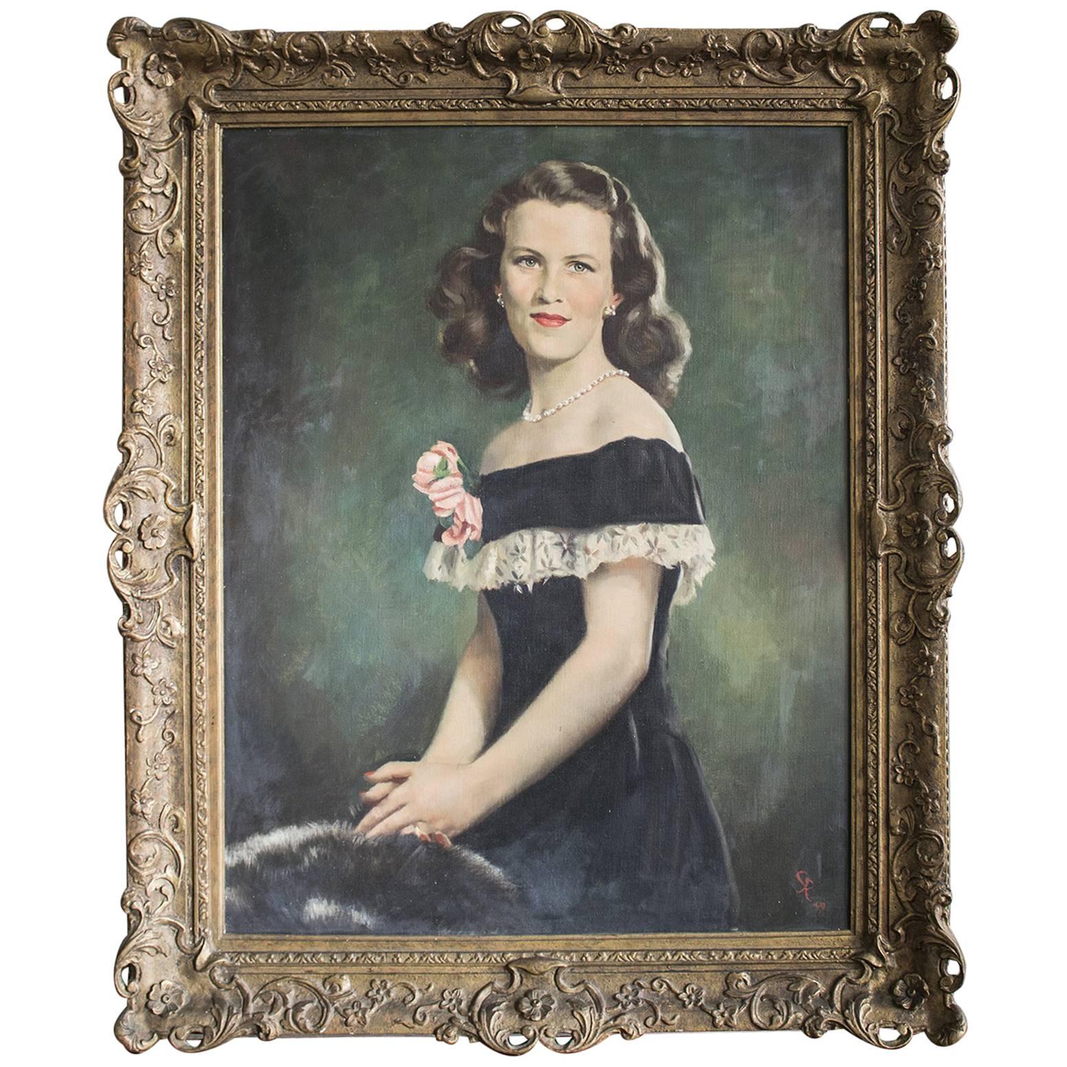 Mid-Century Portrait of a Lady Oil on Canvas For Sale