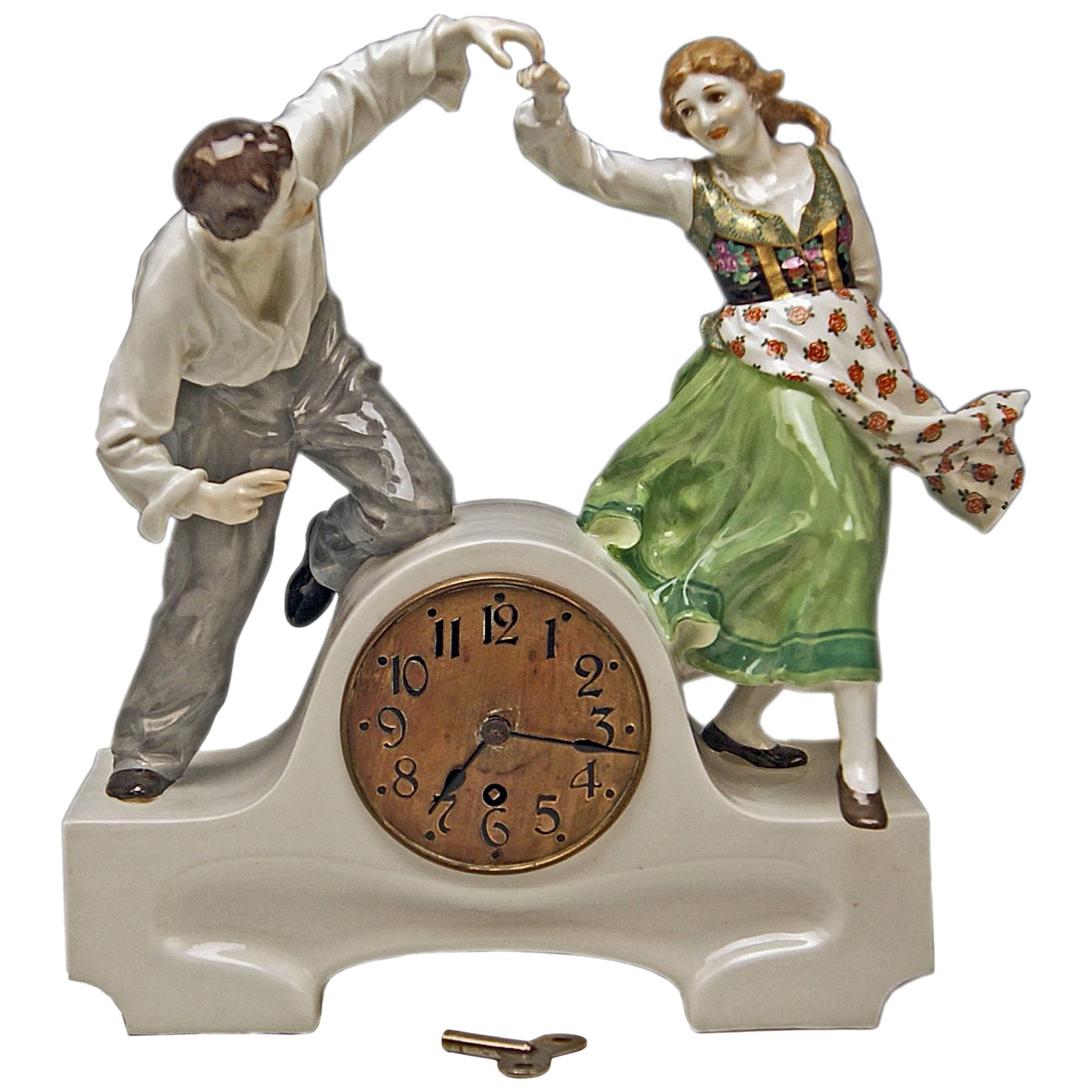 Meissen Mantle Table Clock Konrad Hentschel Art Nouveau Dancing Couple 1910