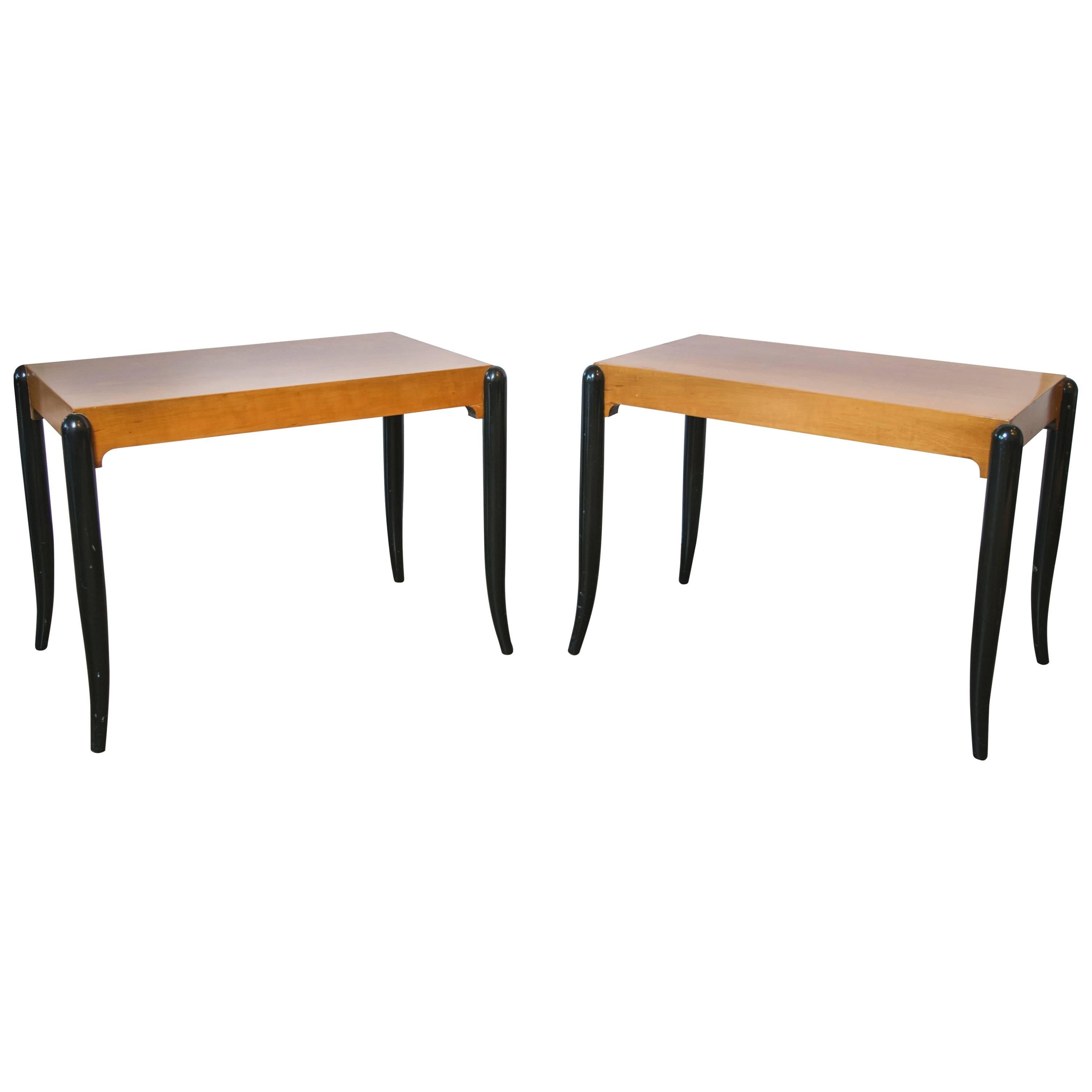 French Moderne Side Tables in Black Lacquer and Mahogany For Sale