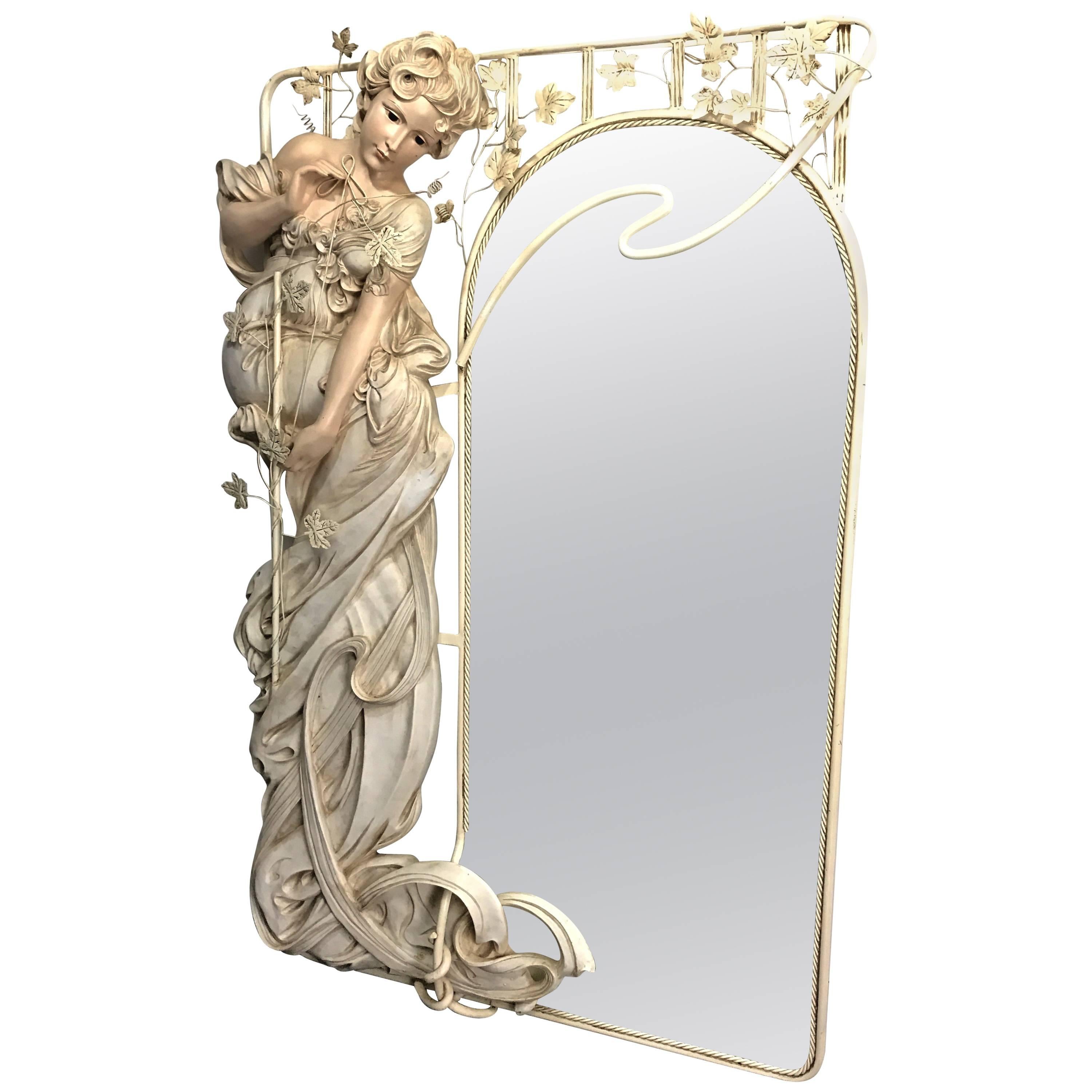 Monumental Art Nouveau Style Mirror, Life-size Woman by Cote of France