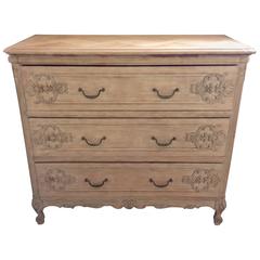 Vintage French Oak Bleached Three Drawer Chest with Carving and Aged Brass Pulls