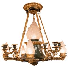 French Restauration Period Iron & Gilt Bronze Antique Oil Lamp Chandelier, 1820