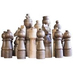 Late 20th Century Monumental Chess Set in Turned Oak and Ash