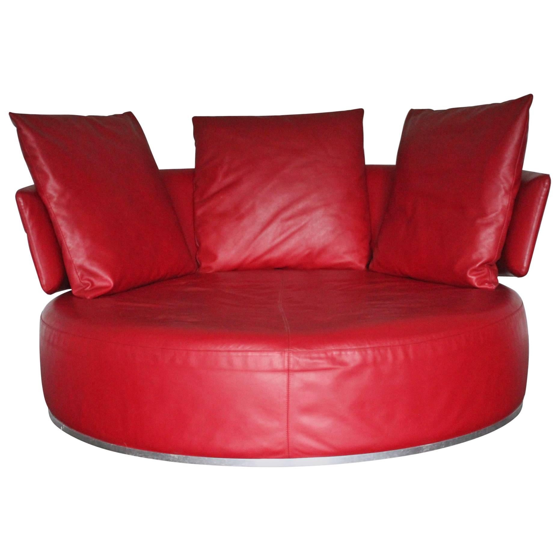 B&B Italia "Amoenus" Round Circular Ottoman Sofa in Red "Pelle" Leather