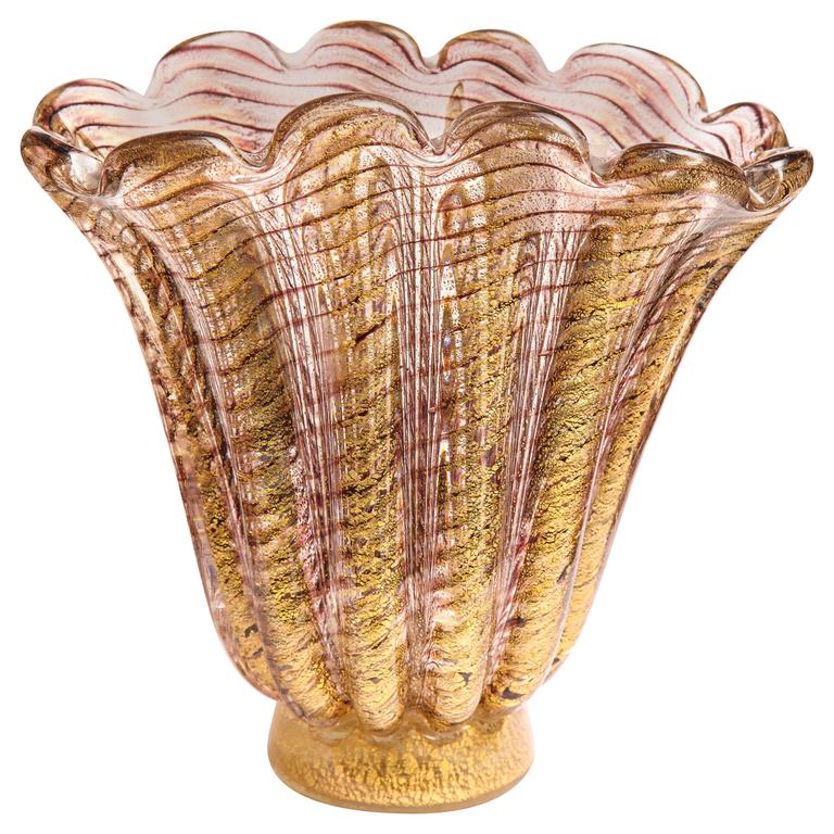 Barovier Fluted Flared Blown Gold Flecked Glass Vase at 1stDibs