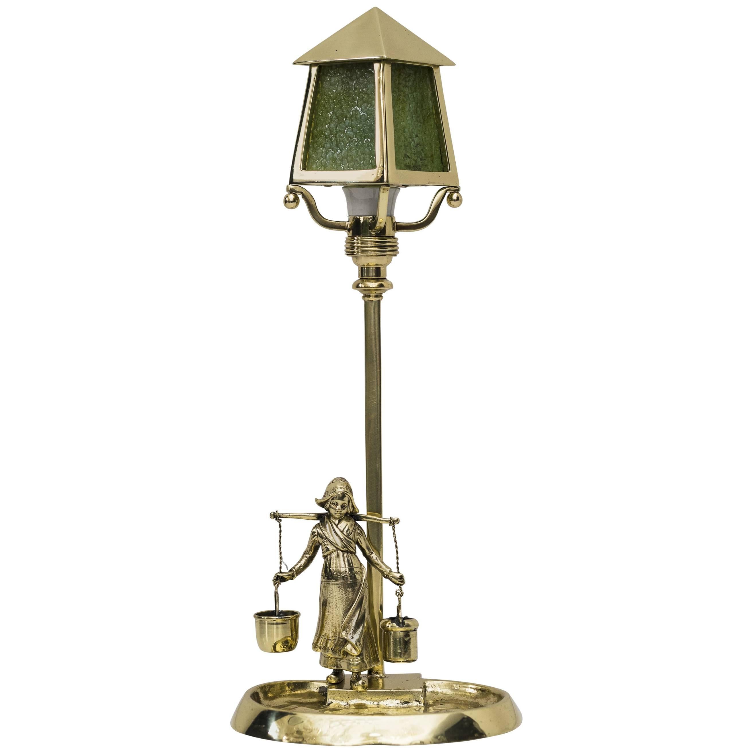 Jugendstil Table Lamp with Green Opaline Glass
