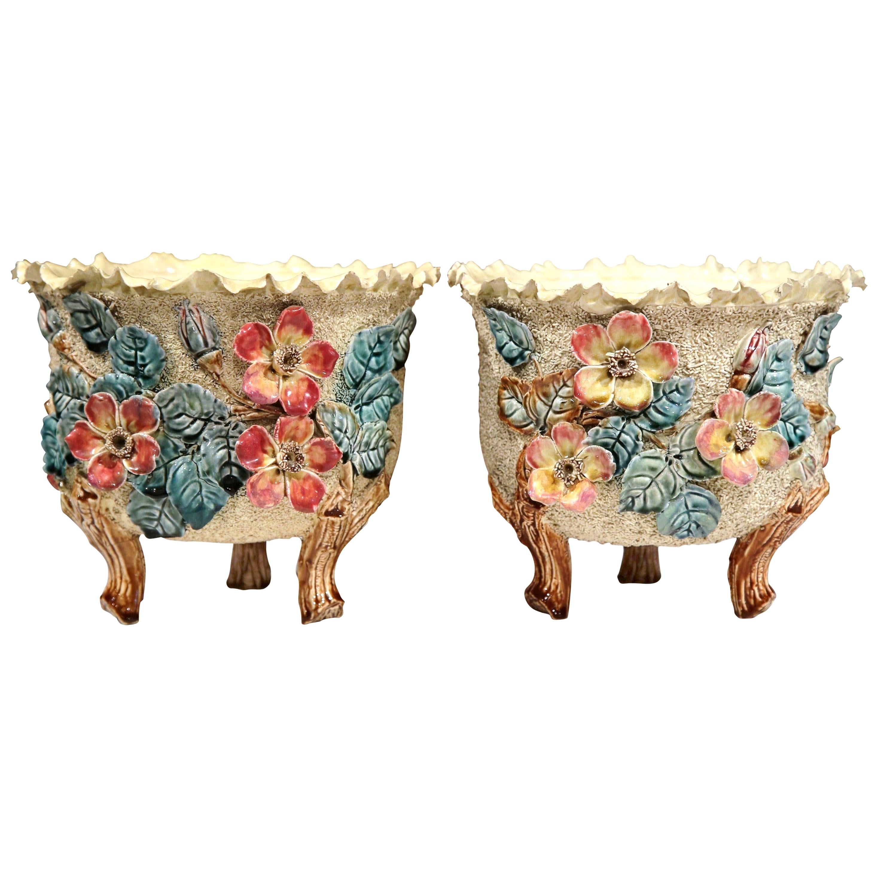 Pair of 19th Century French Hand Painted Ceramic Barbotine Cache Pots
