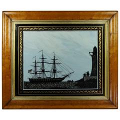 19th Century Reverse-Painted Ship Silhouette on Glass Maple Frame, circa 1840 11
